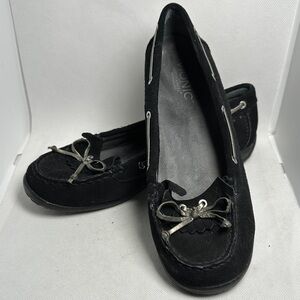 Vionic Black Loafers with Fringe and Silver Bow Detail Size 8.5